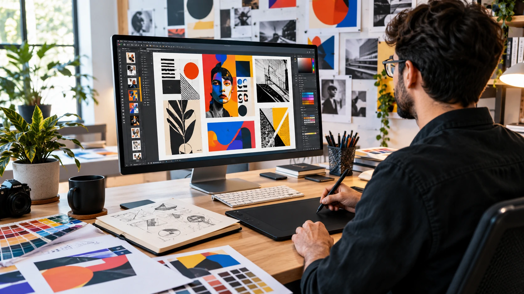 Expressive graphic design styles featuring bold typography, geometric shapes, abstract illustrations, and creative layouts