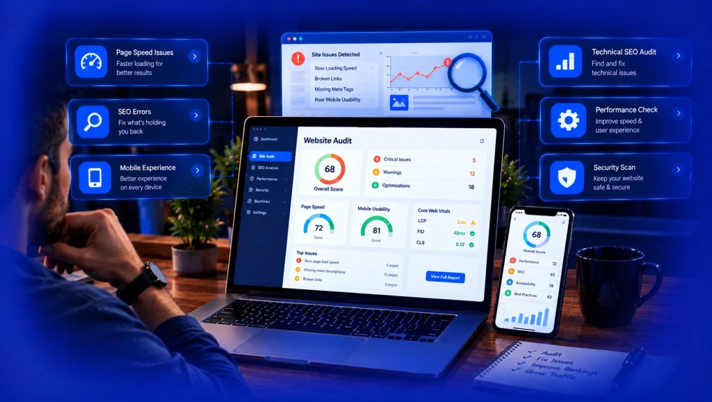 Website SEO audit dashboard showing technical issues and performance metrics