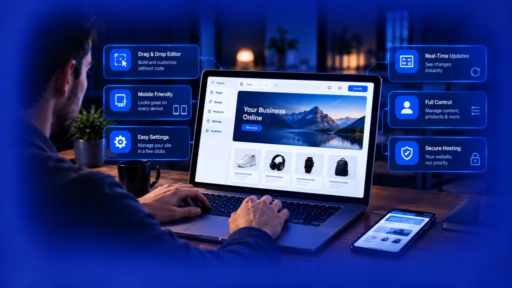 Responsive website design with drag-and-drop editing, mobile-friendly layouts, and easy management tools.