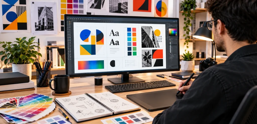 Graphic Design Basics: A Beginner’s Guide to Fundamentals, Tools, and Examples 3 Graphic design examples featuring a logo, social media post, promotional flyer, website banner, and infographic