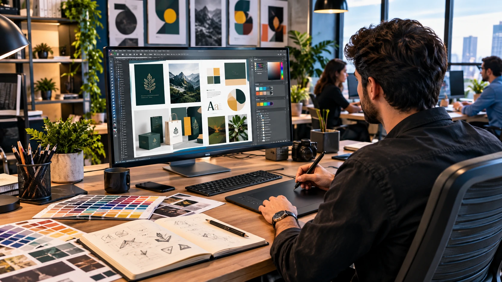 Graphic designer working with a creative team on professional design projects
