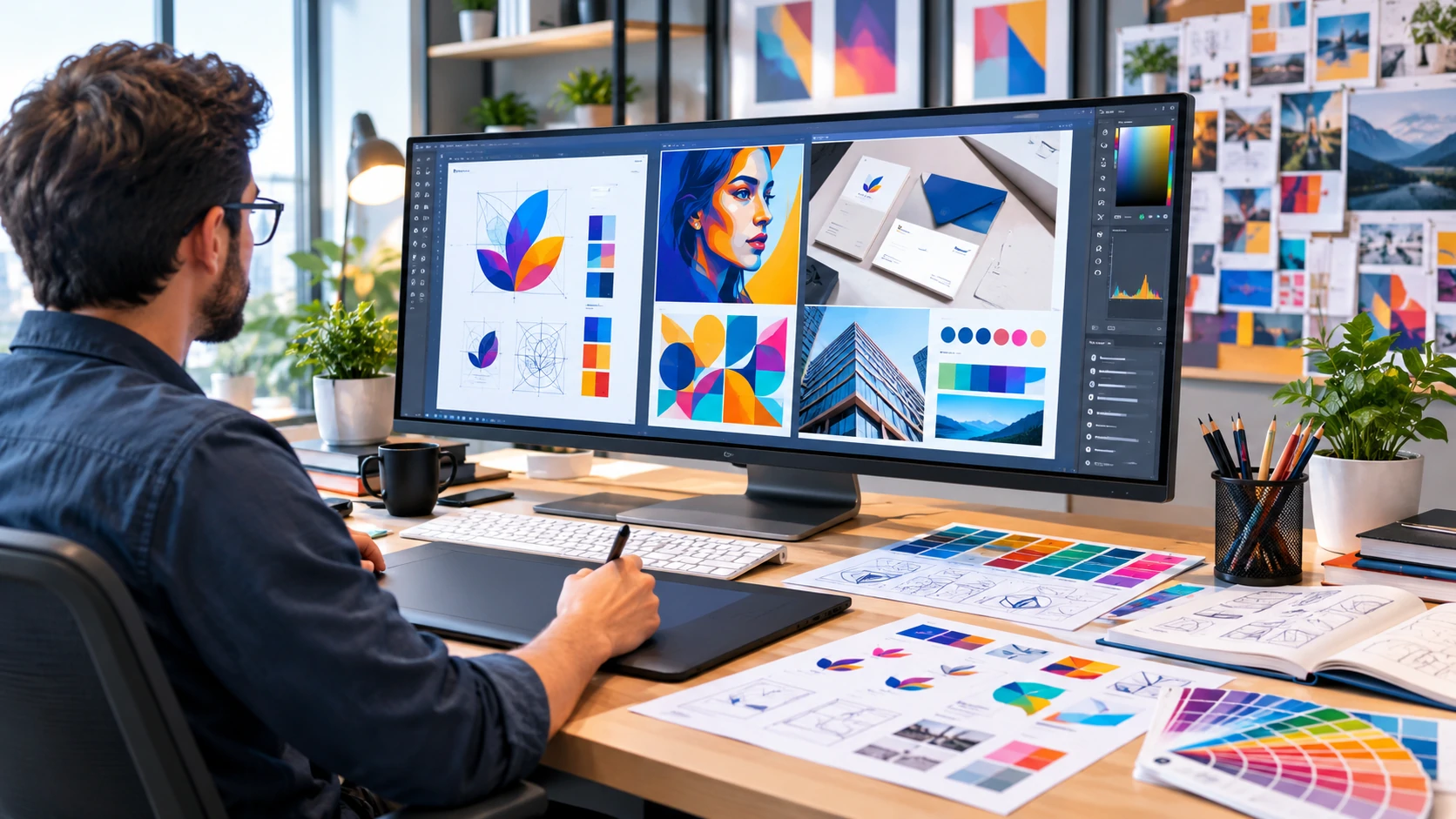 Professional graphic design workspace featuring typography, branding, and digital artwork