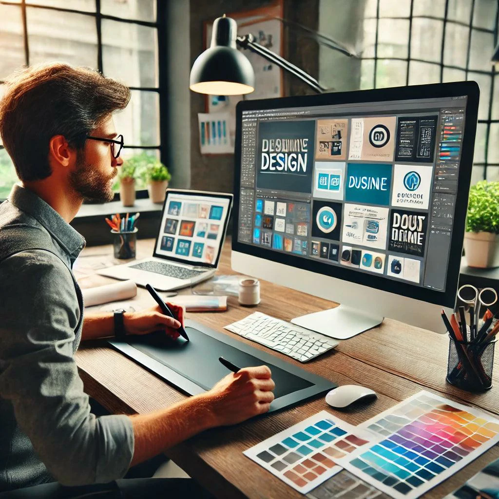 Professional graphic design workspace with digital layouts, typography, images, and creative design tools