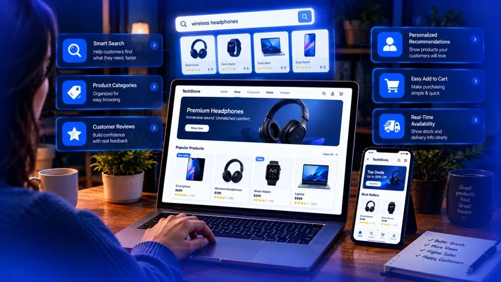 E-commerce website design with smart product search and recommendations