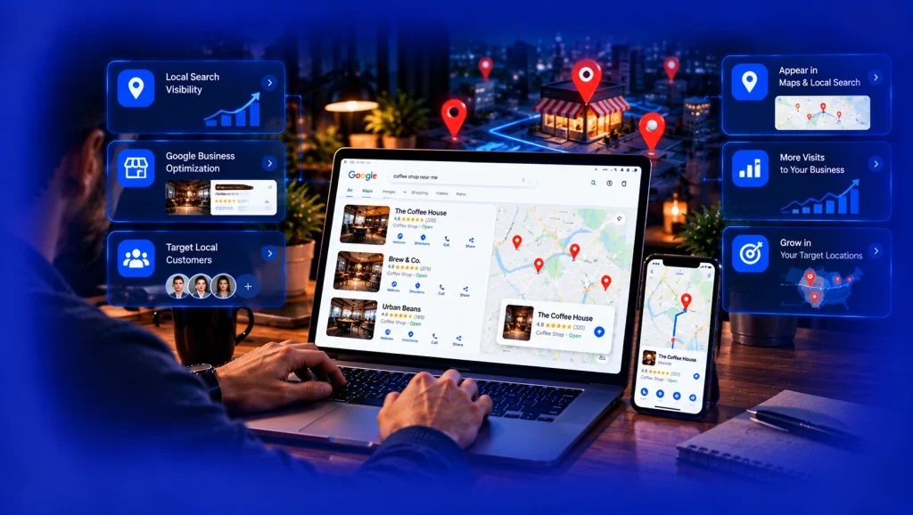 Local SEO services dashboard showing Google Maps listings and business locations