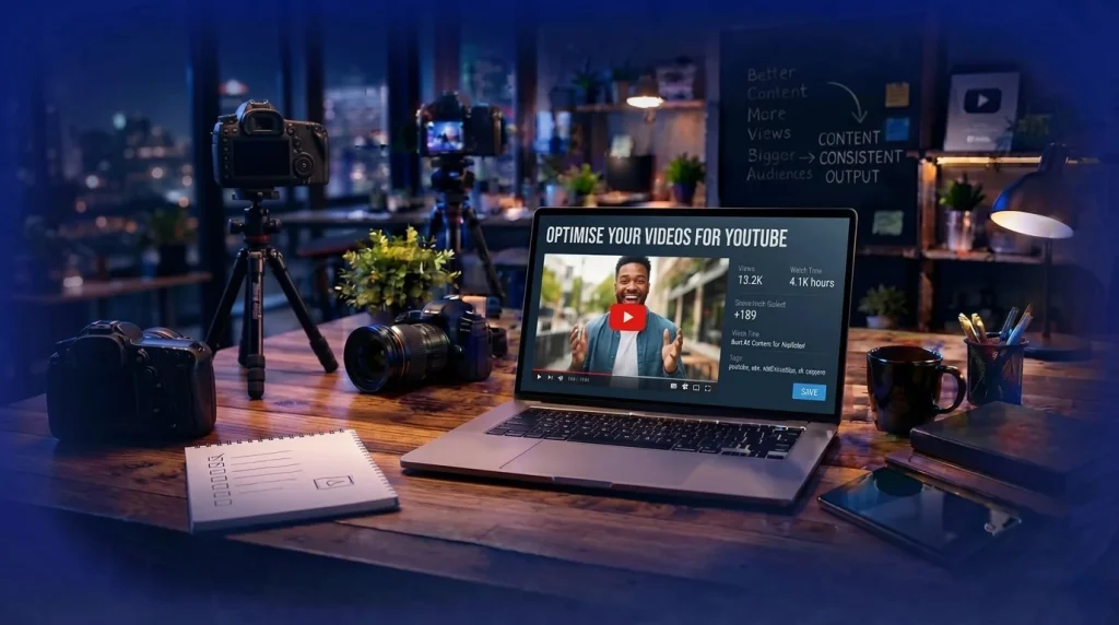 YouTube video optimization dashboard on a laptop showing video content, views, watch time, and audience performance analytics.