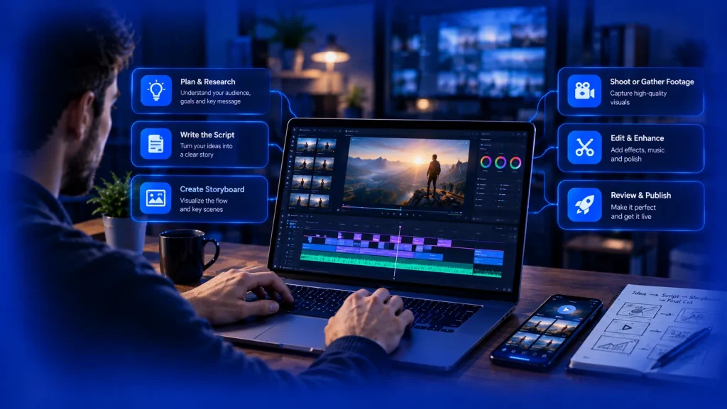 Video editing workflow with planning, scripting, storyboarding, and post-production.