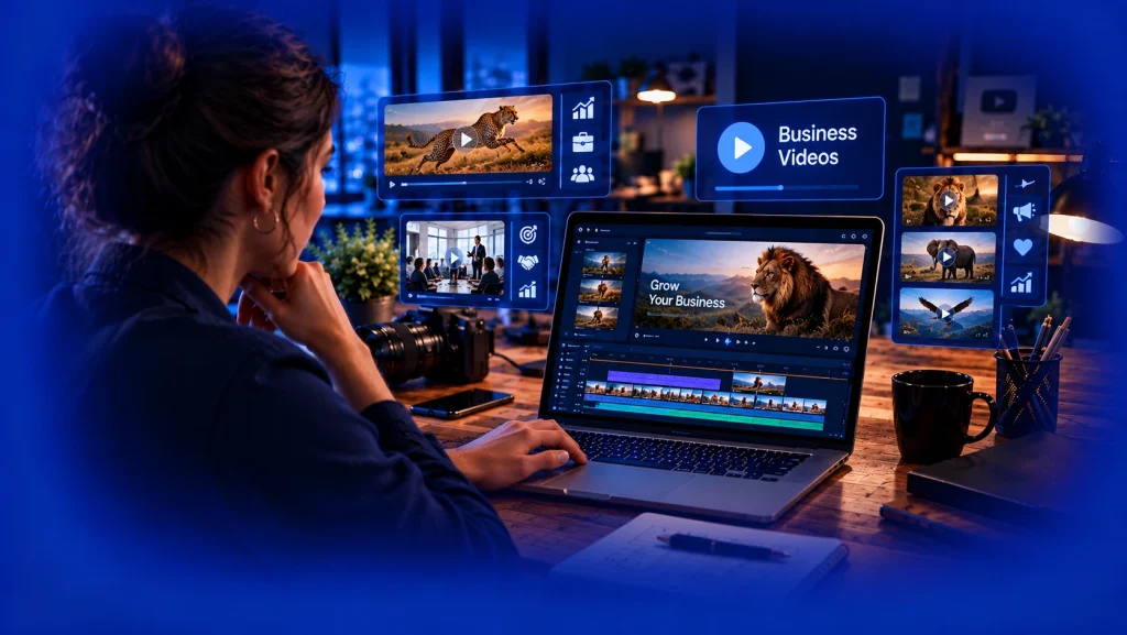 Professional video editing for business promotion, featuring cinematic footage and a video editing timeline.