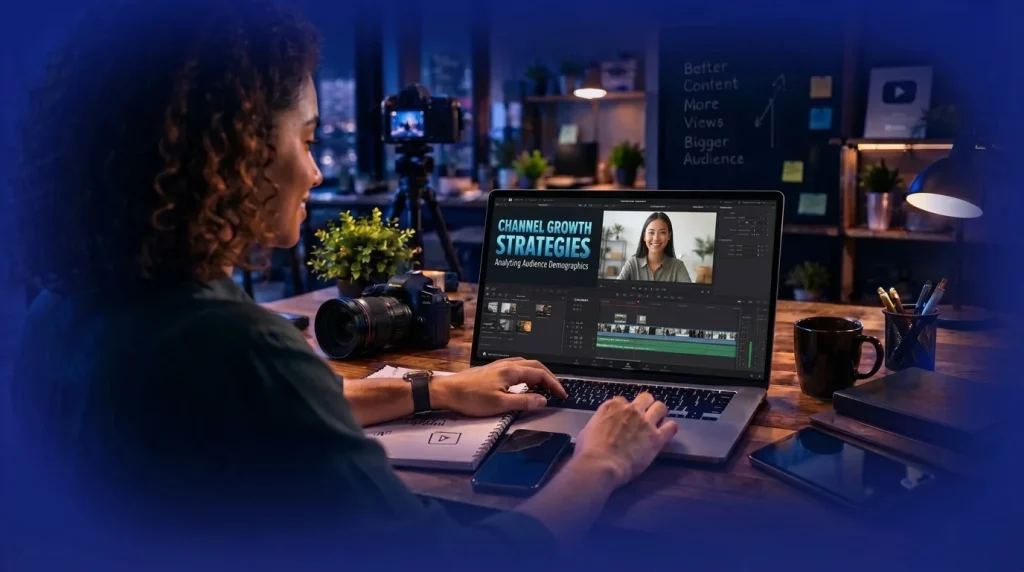 YouTube content creator editing videos on a laptop while researching audience demographics and channel growth strategies.