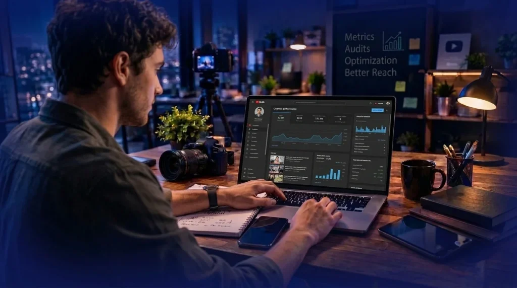 YouTube channel performance analytics dashboard showing video views, engagement metrics, and channel growth data on a laptop.