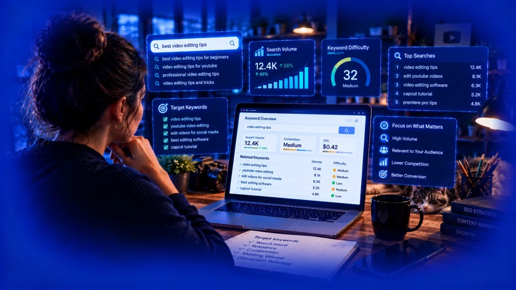 SEO keyword research dashboard showing search volume and keyword difficulty