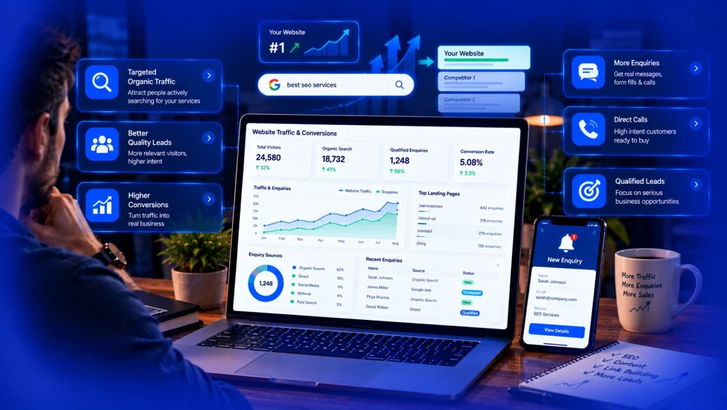 SEO services dashboard showing organic traffic, website rankings, and lead generation