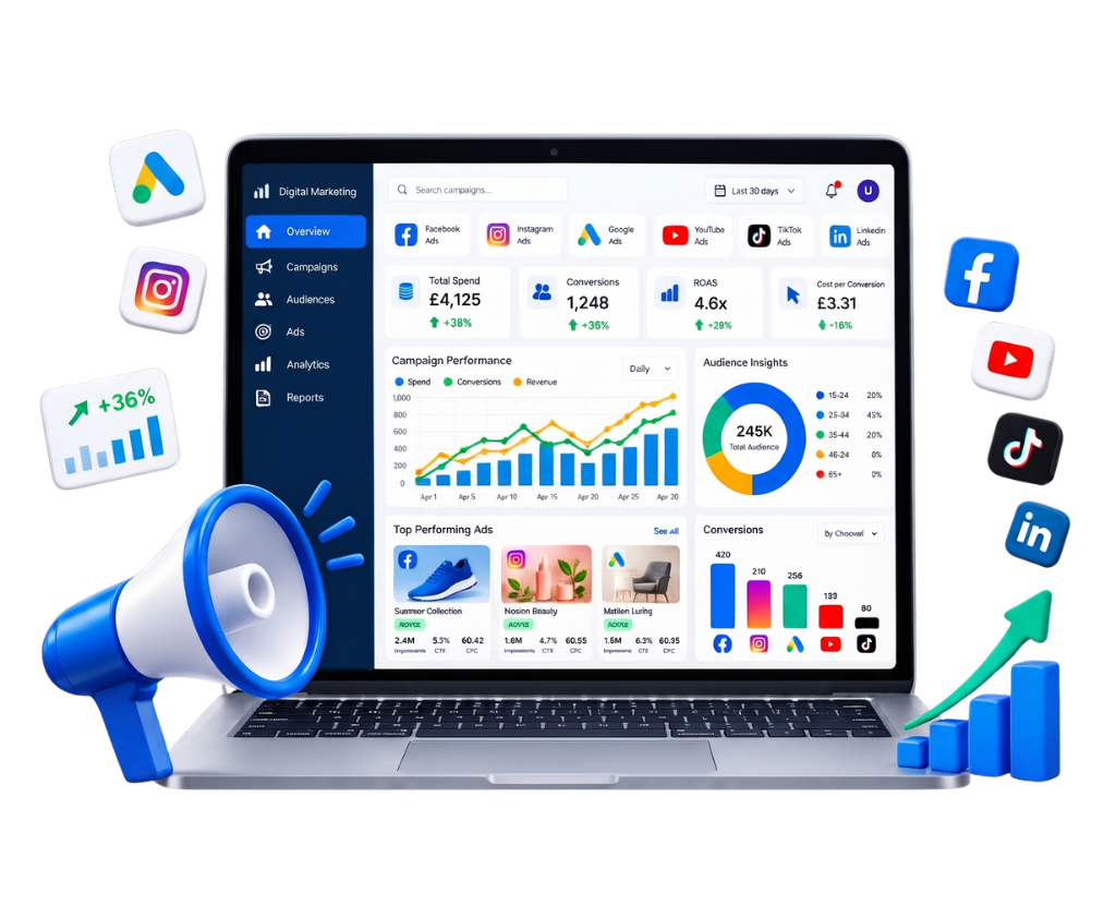 Digital marketing dashboard on a laptop with social media platforms, campaign analytics, and growth charts
