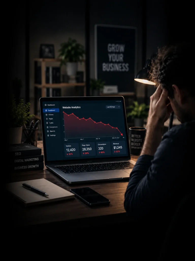 Website development and analytics dashboard showing website traffic performance on a laptop