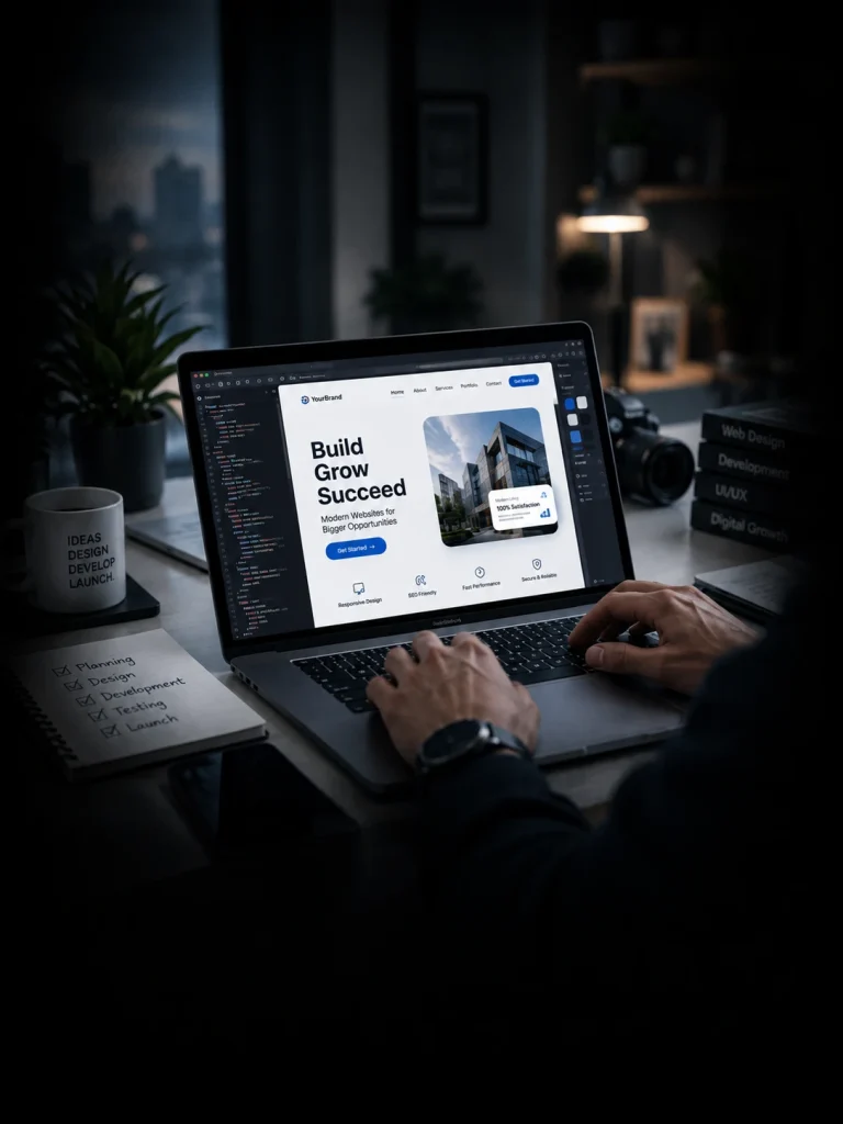 Website developer building a modern business website on a laptop in a professional worksp